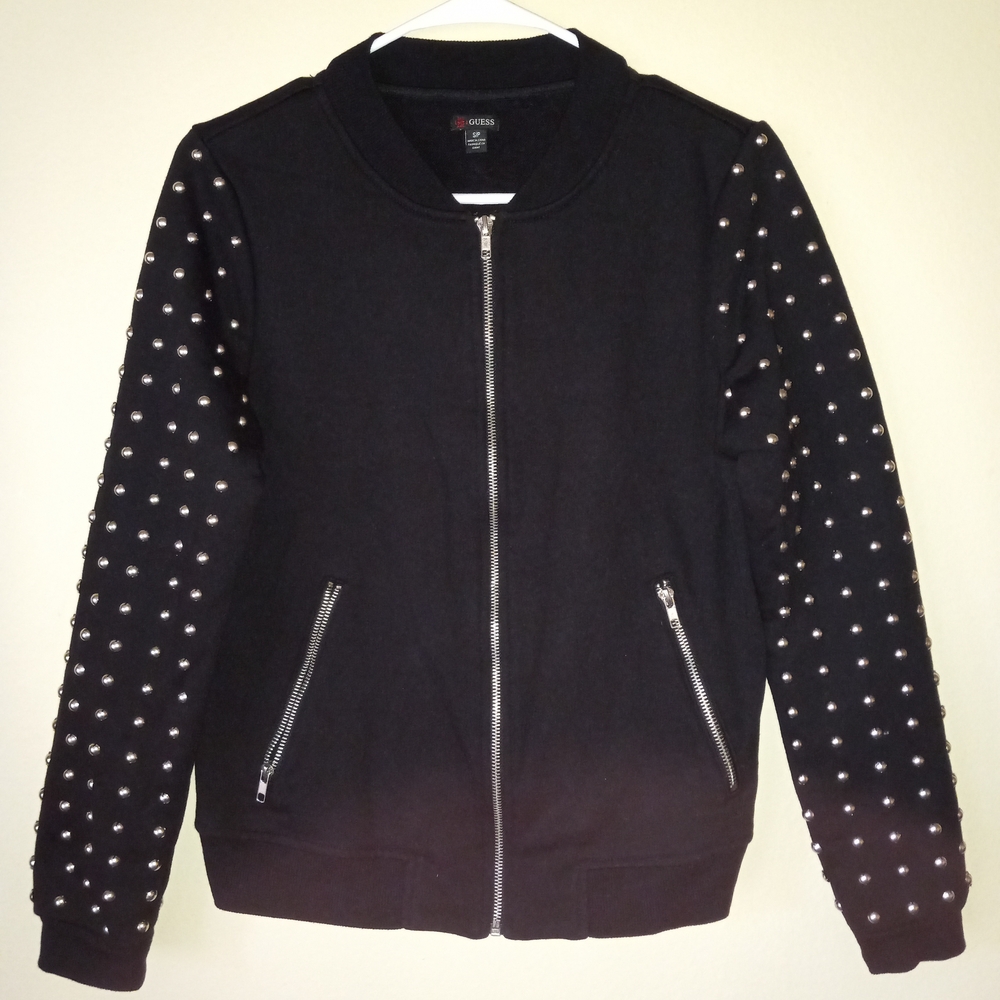 GUESS Black Bomber Jacket with Silver Studs and Zipper Women's S